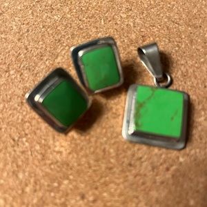 Green silver and Turquoise earrings and pendant